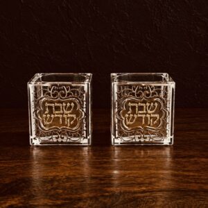 זוג פמוטי קריסטל מרובע עם פלקטה שבת קודש